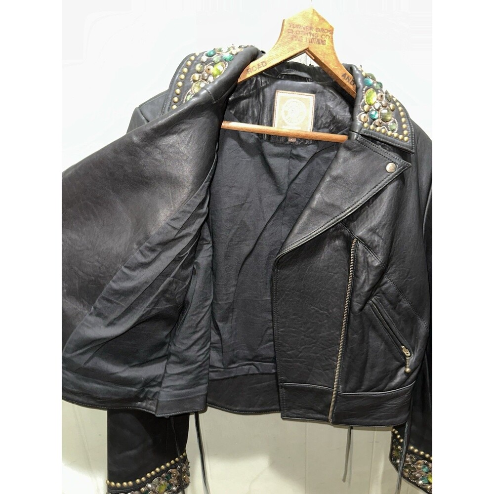 Double D Ranch Leather Jacket Rare Bejeweled Coat Womens Medium Western Cross - Picture 4 of 6